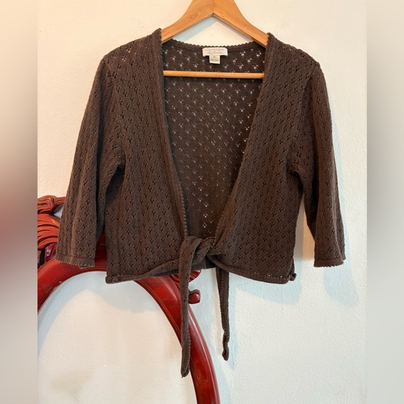 Christopher & Banks Sweaters - Christopher & Banks Brown Tie-Front Open Knit Casual Ramie & Cotton Cardigan